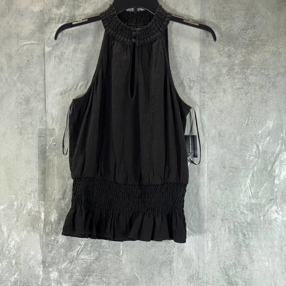 INC International Concepts Women's Deep Black Smocked Cotton Halter Top SZ S